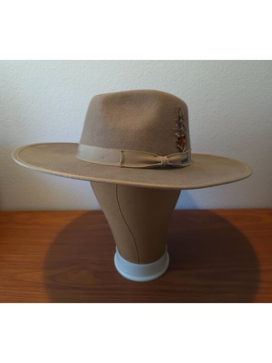 Brixton Accessories - Brixton Joanna Tan Wool Felt Fedora Hat W/ Feather & Ribbon Band Large (7-1/2)